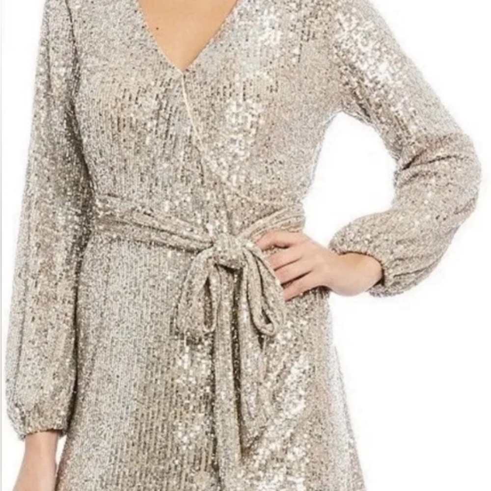 Gianni Bini Silver Sequin Wrap Dress with Bishop Sleeves